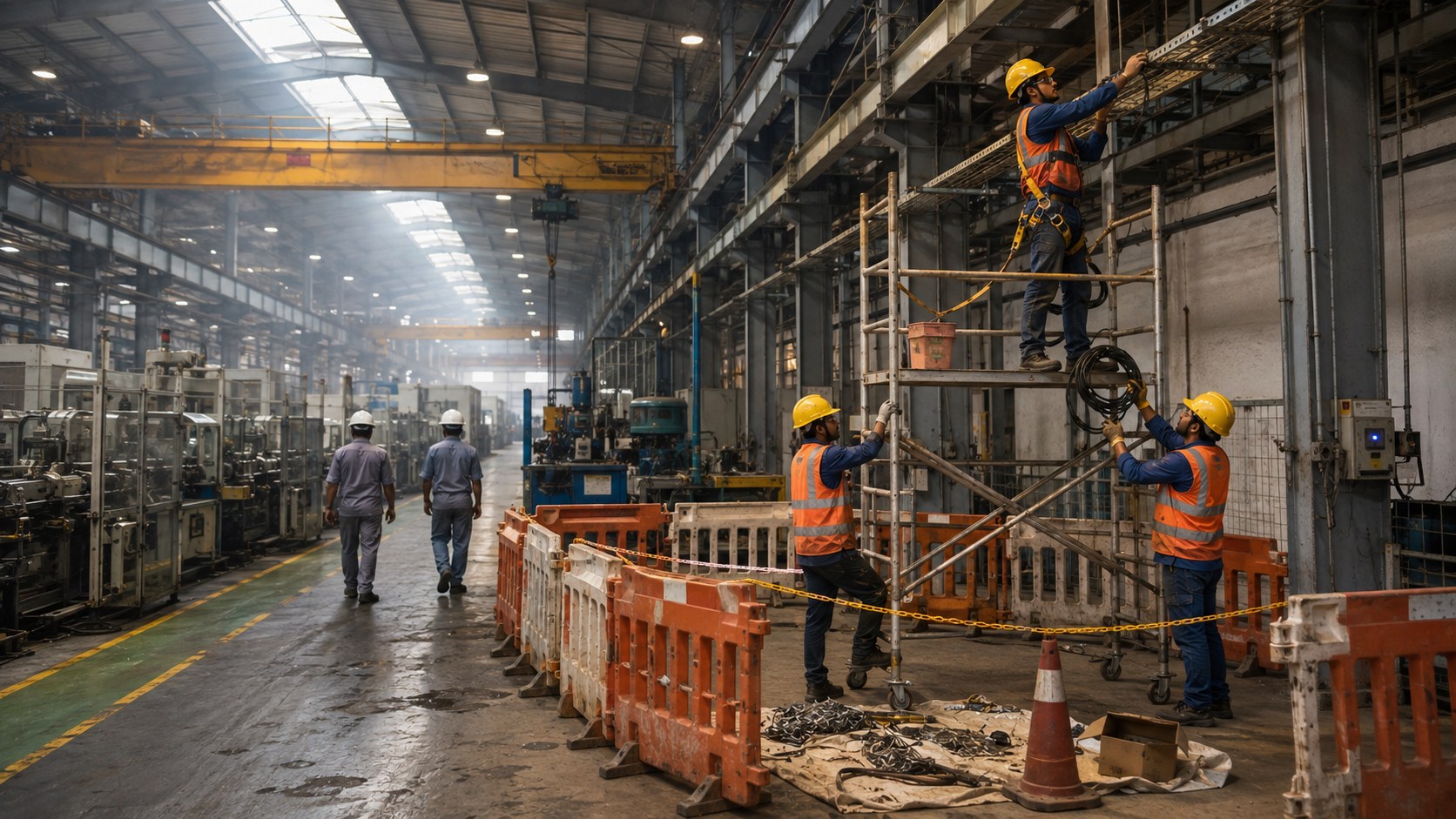 Industrial plant with MGP crew executing work inside a barricaded zone while production continues in the background.
