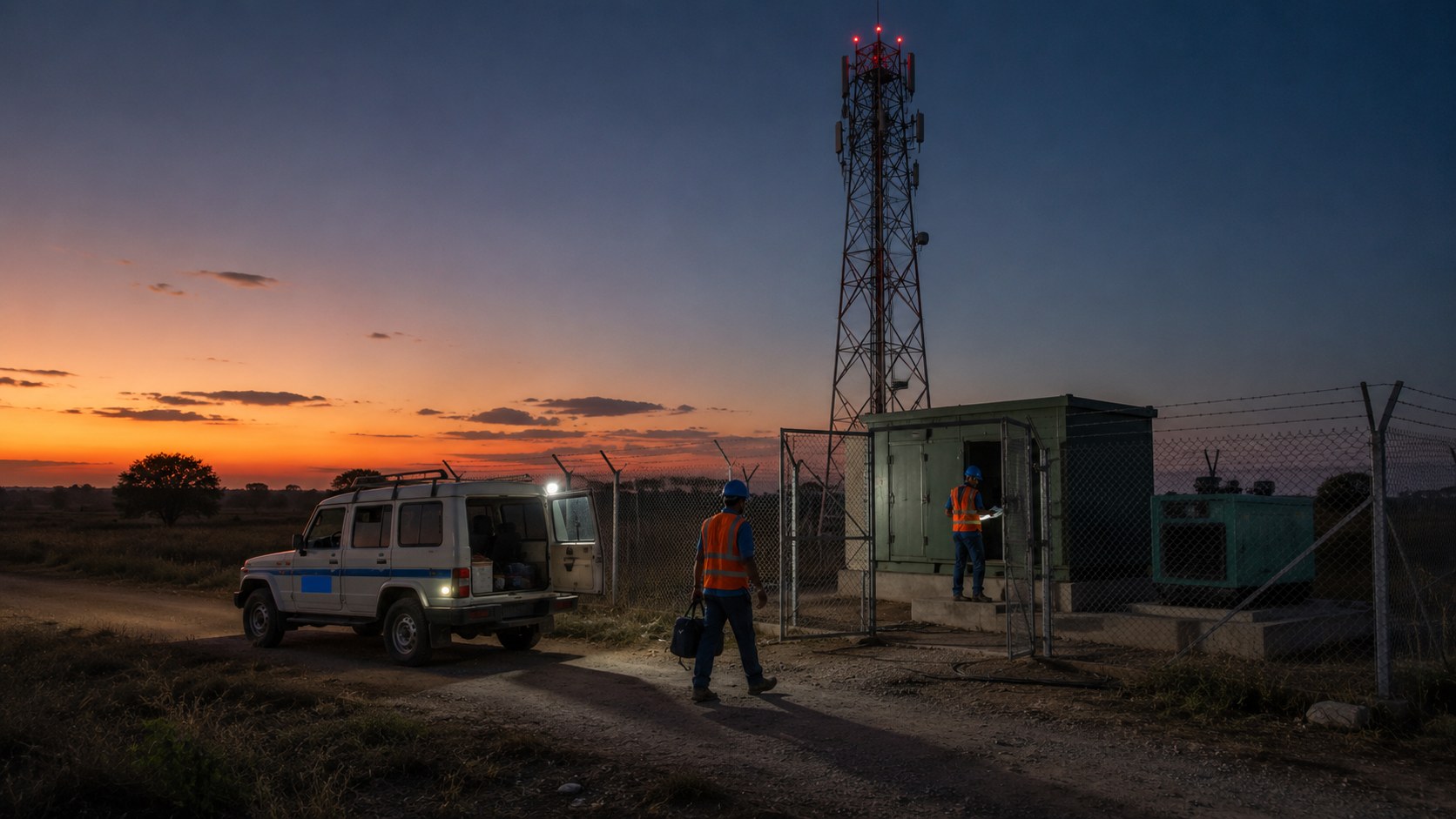 Telecom tower at dusk with MGP maintenance vehicle at the base and technicians completing a site visit.