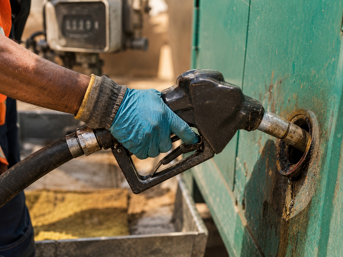 Metered fuel dispensing nozzle and digital readout during a filling round.