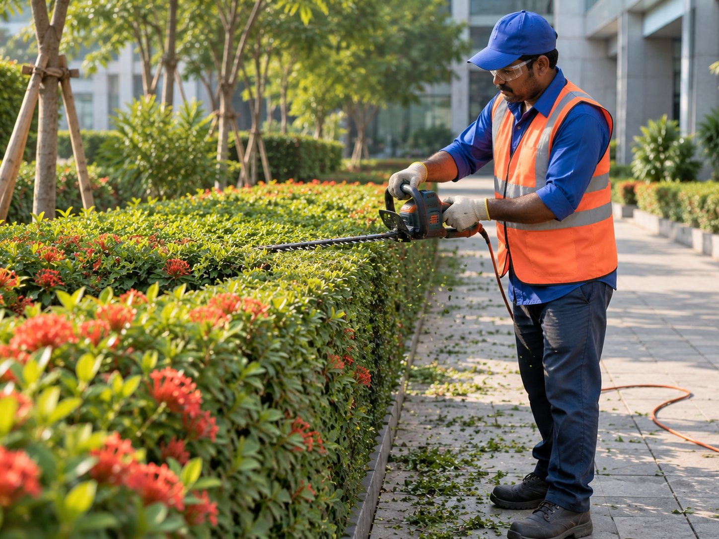 Hedge being trimmed to line along a corporate boundary path.