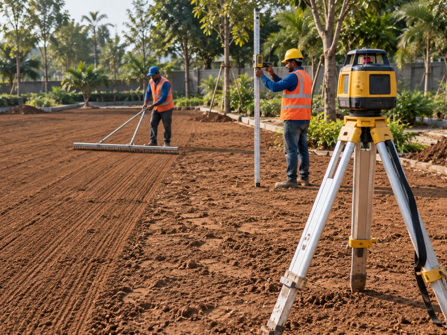Soil being amended with compost and red soil before plantation, rotavator in use.