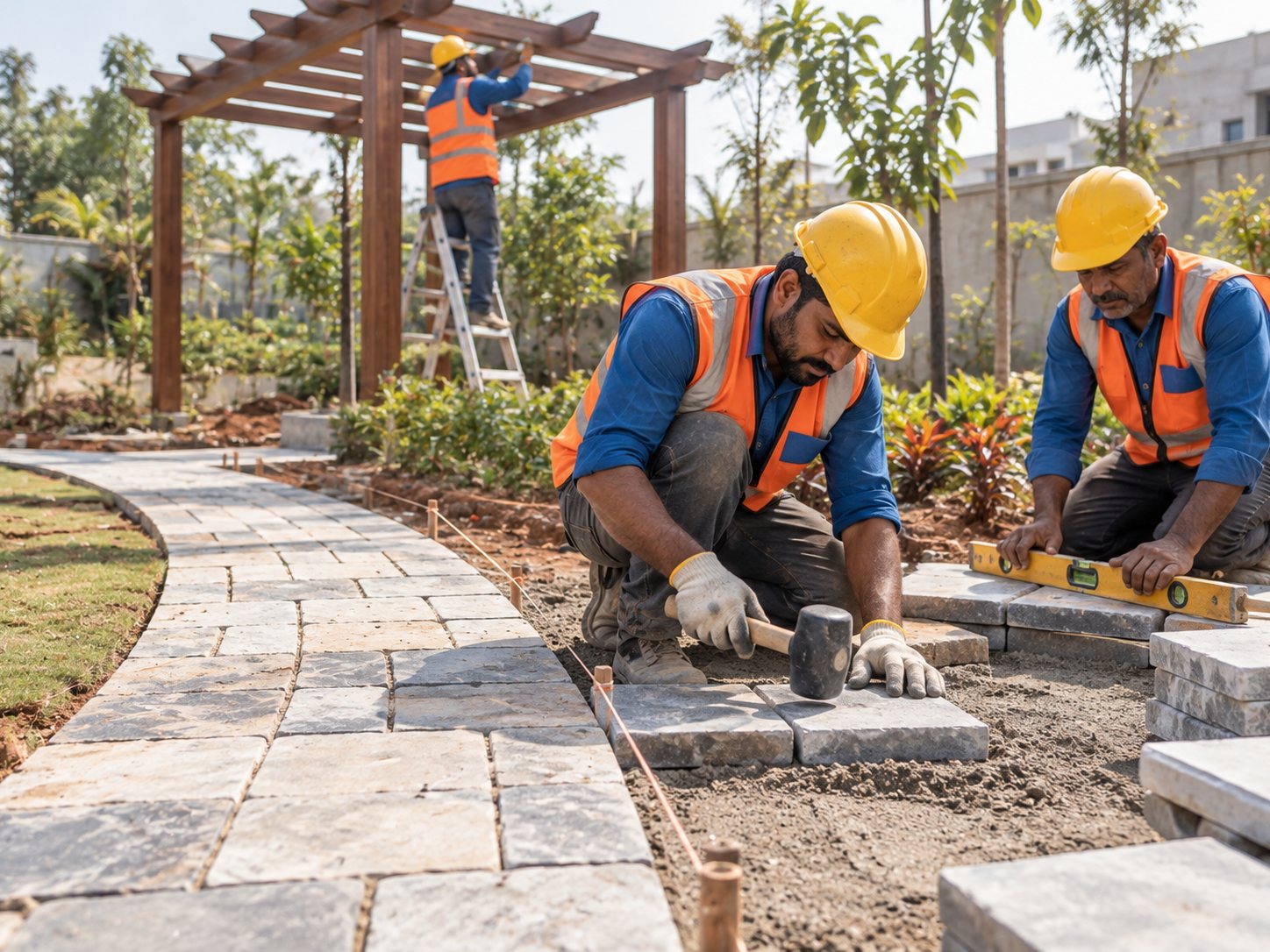 Stone pathway and pergola being built through a newly planted garden.