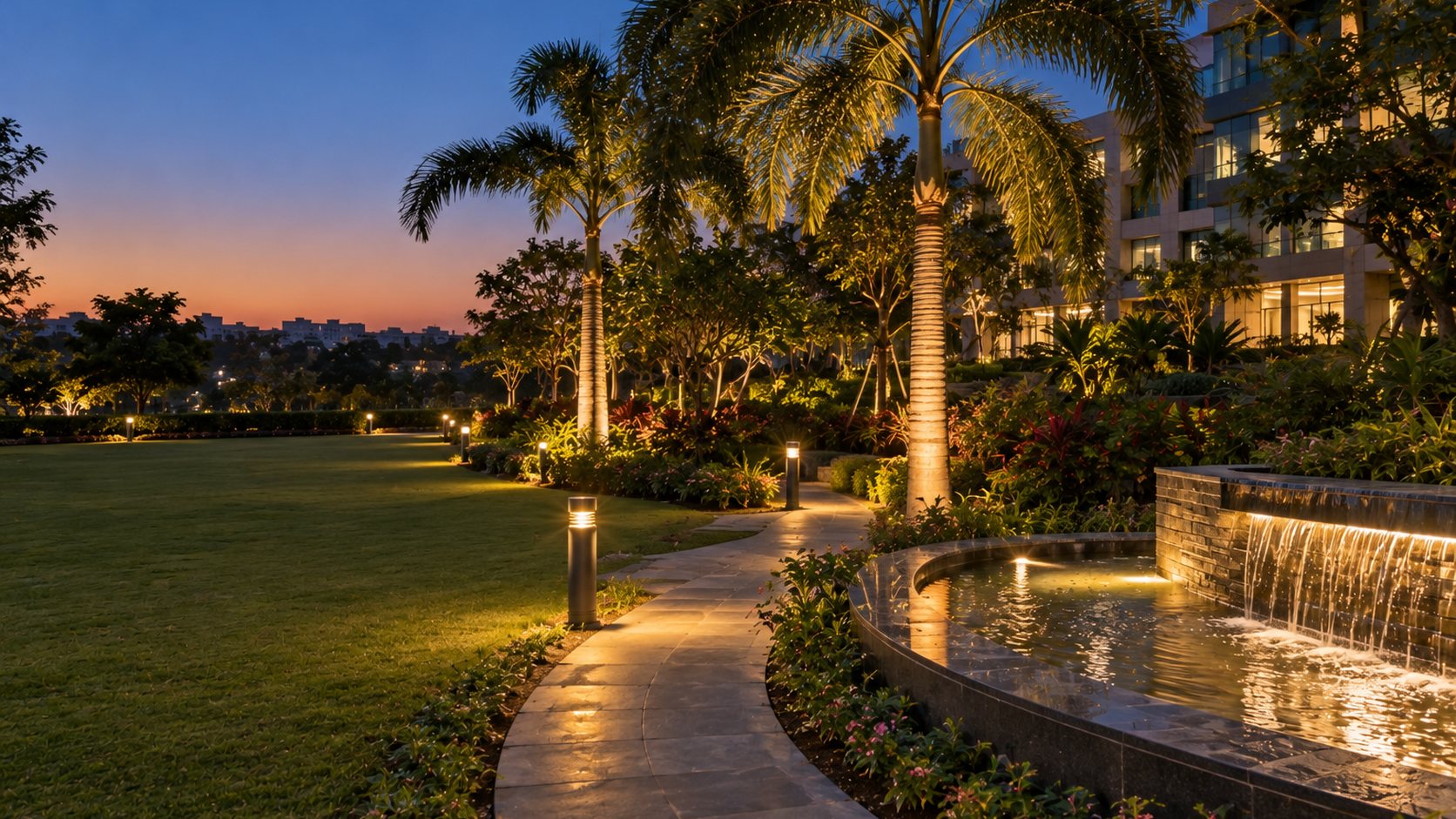 Newly developed corporate campus landscape at golden hour — curved lawn, flowering borders, stone pathway, palms and a small water feature, MGP horticulture team in the background.