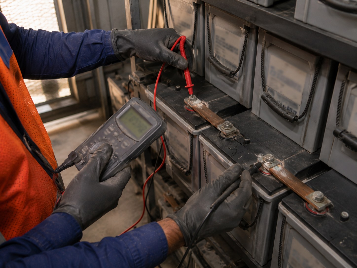 Battery bank cells being tested with a hydrometer and digital tester in a shelter.