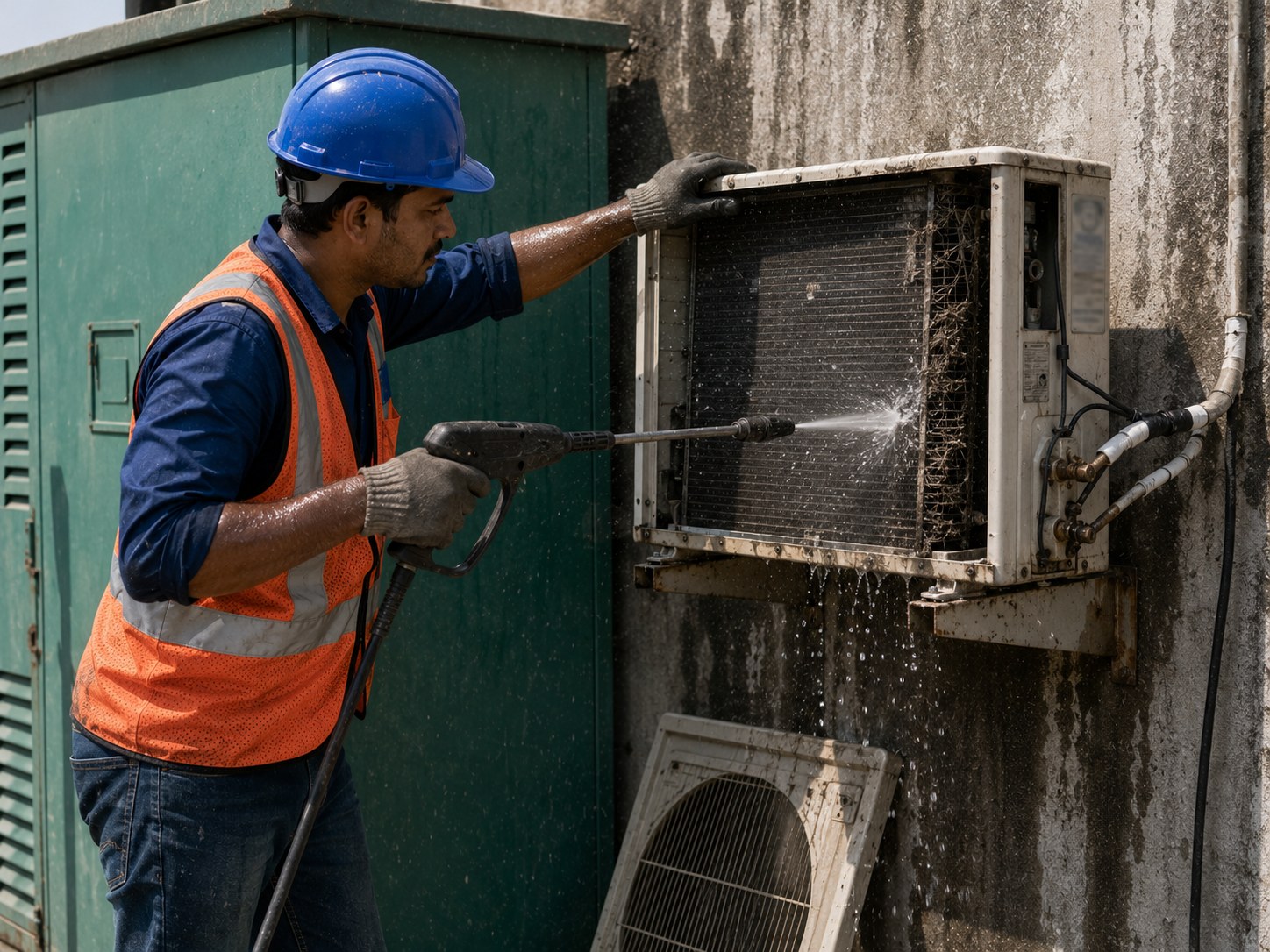 Air conditioner outdoor unit being serviced on a telecom site.