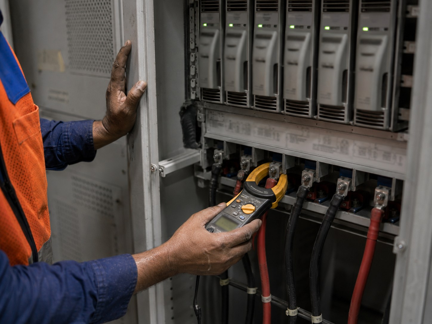 SMPS power plant panel being inspected with a clamp meter.