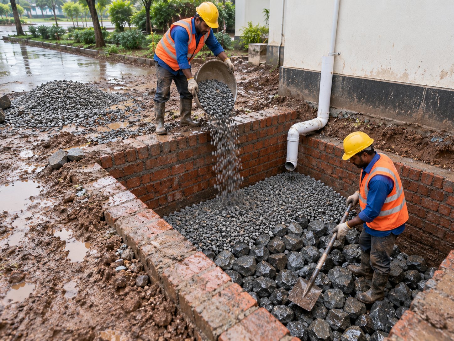Rainwater harvesting recharge pit being built at a campus.