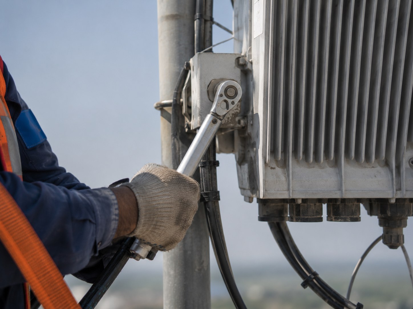 RRU being mounted on a tower mouth with torque wrench in use.
