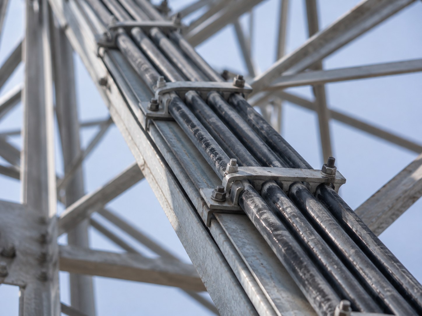 Feeder cables clamped at regular intervals along a tower leg.