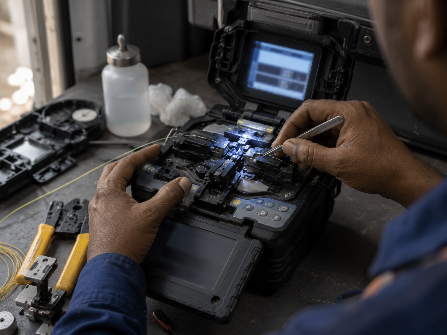 Fusion splicing machine in a splicing van with technician aligning fibres.