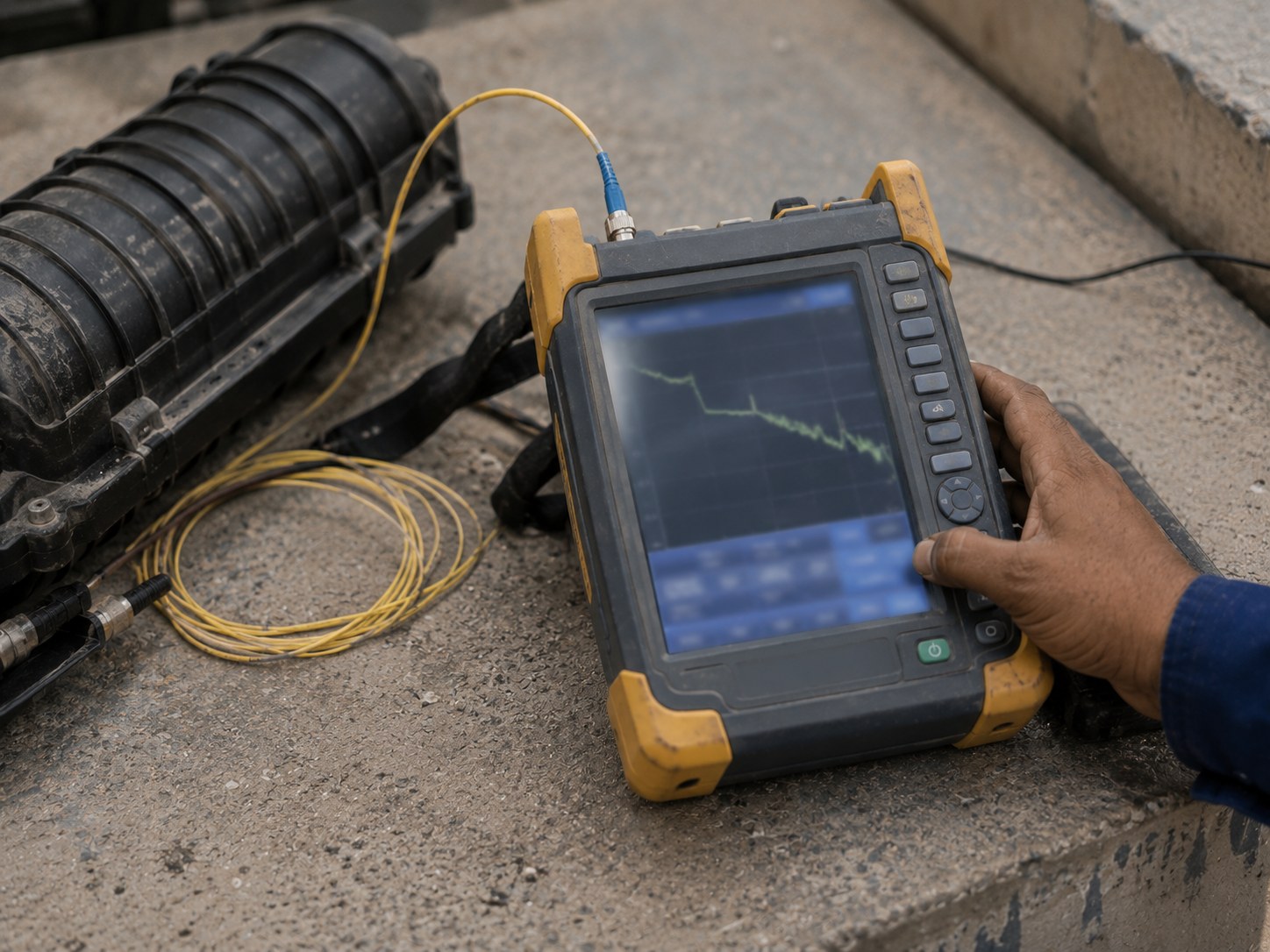 OTDR screen showing a clean fibre trace during acceptance testing.