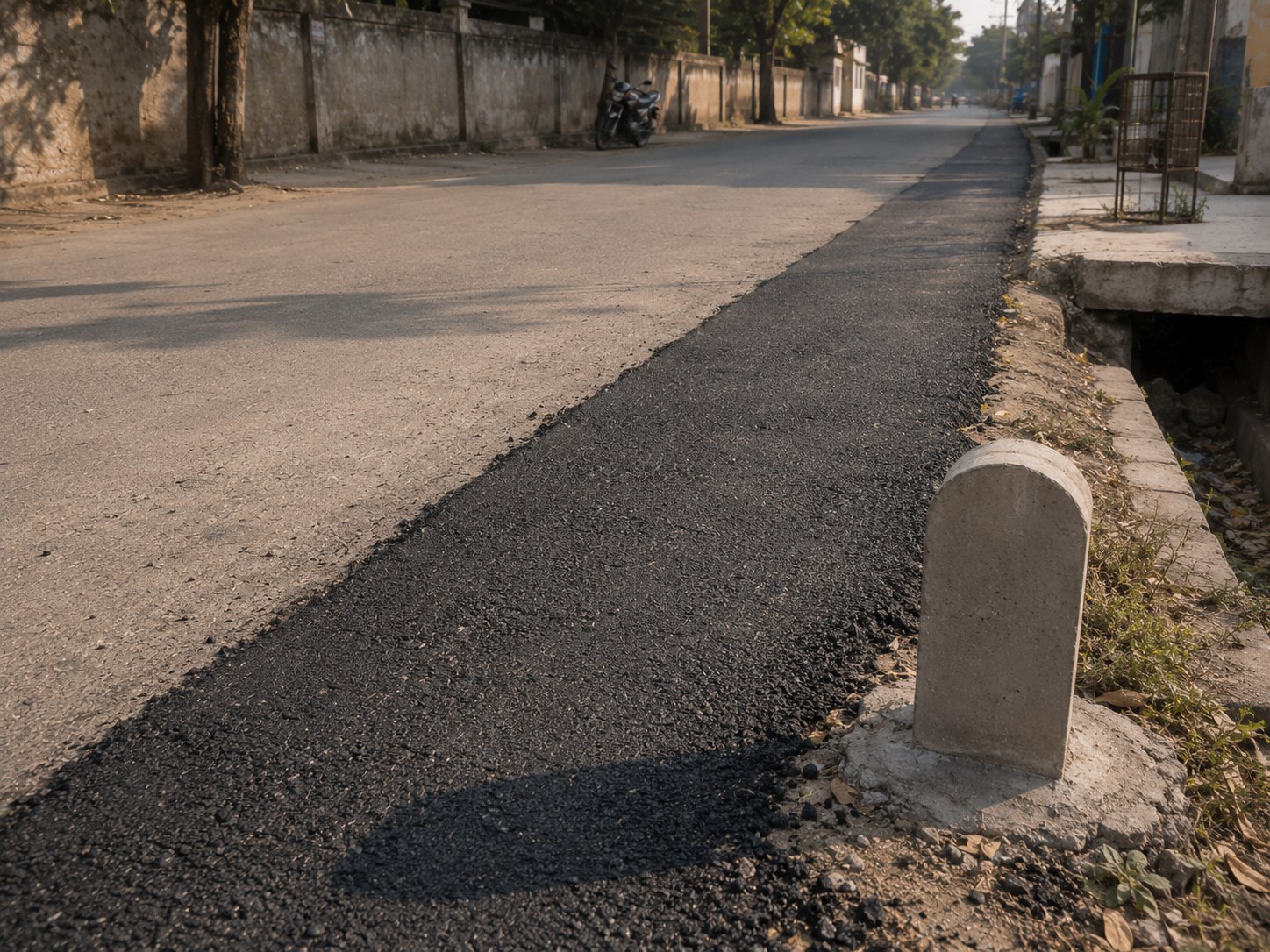 Reinstated road surface after OFC laying with route marker installed.