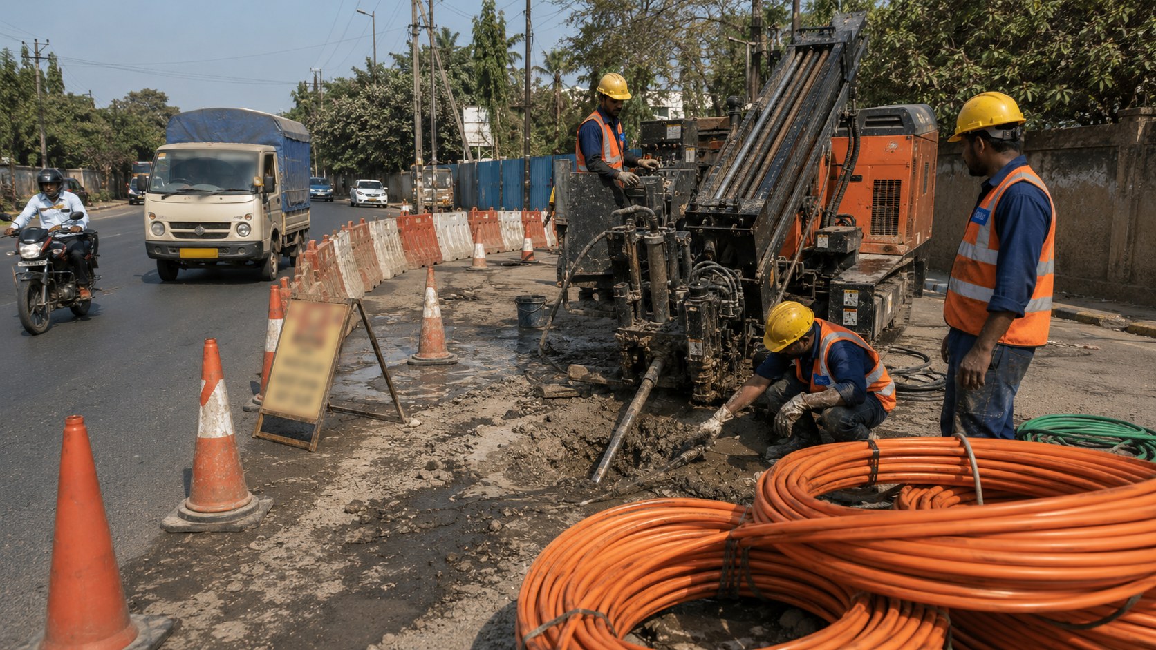 HDD rig drilling under a road for OFC crossing, MGP crew with barricades and safety cones, duct coils in the foreground.