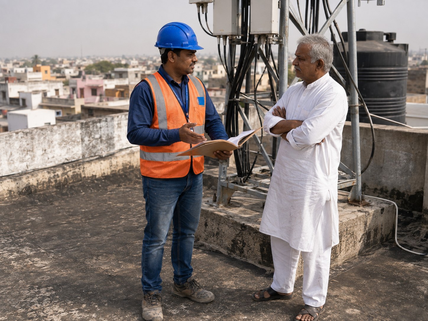 Coordinator meeting a site landlord outside a rooftop tower premises.