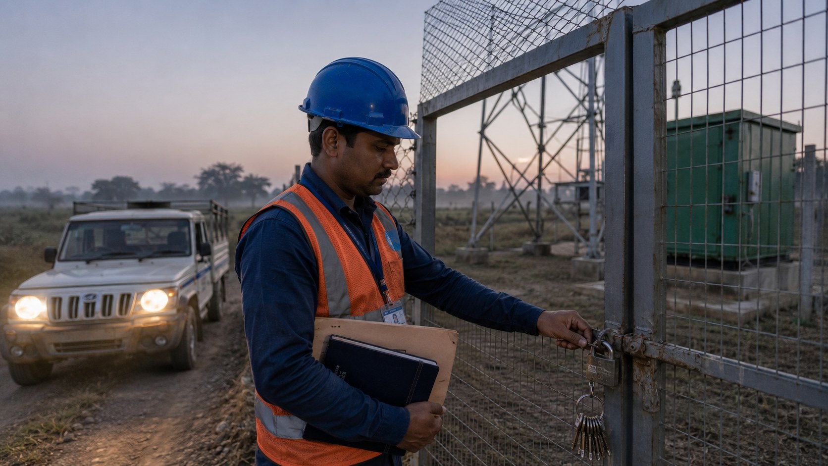 MGP site coordinator unlocking a telecom site gate at dawn with key register and documentation folder in hand.