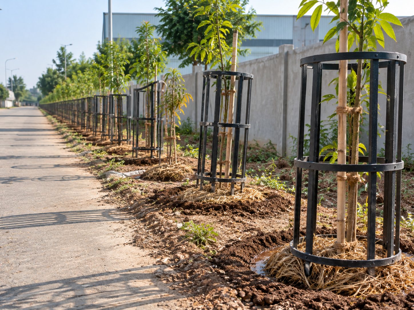 Row of guarded, staked saplings along a factory boundary green belt.
