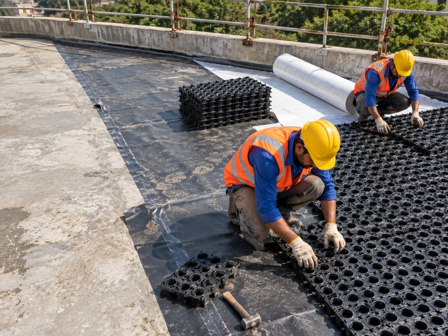 Drainage cells and root barrier laid over terrace waterproofing before soil placement.