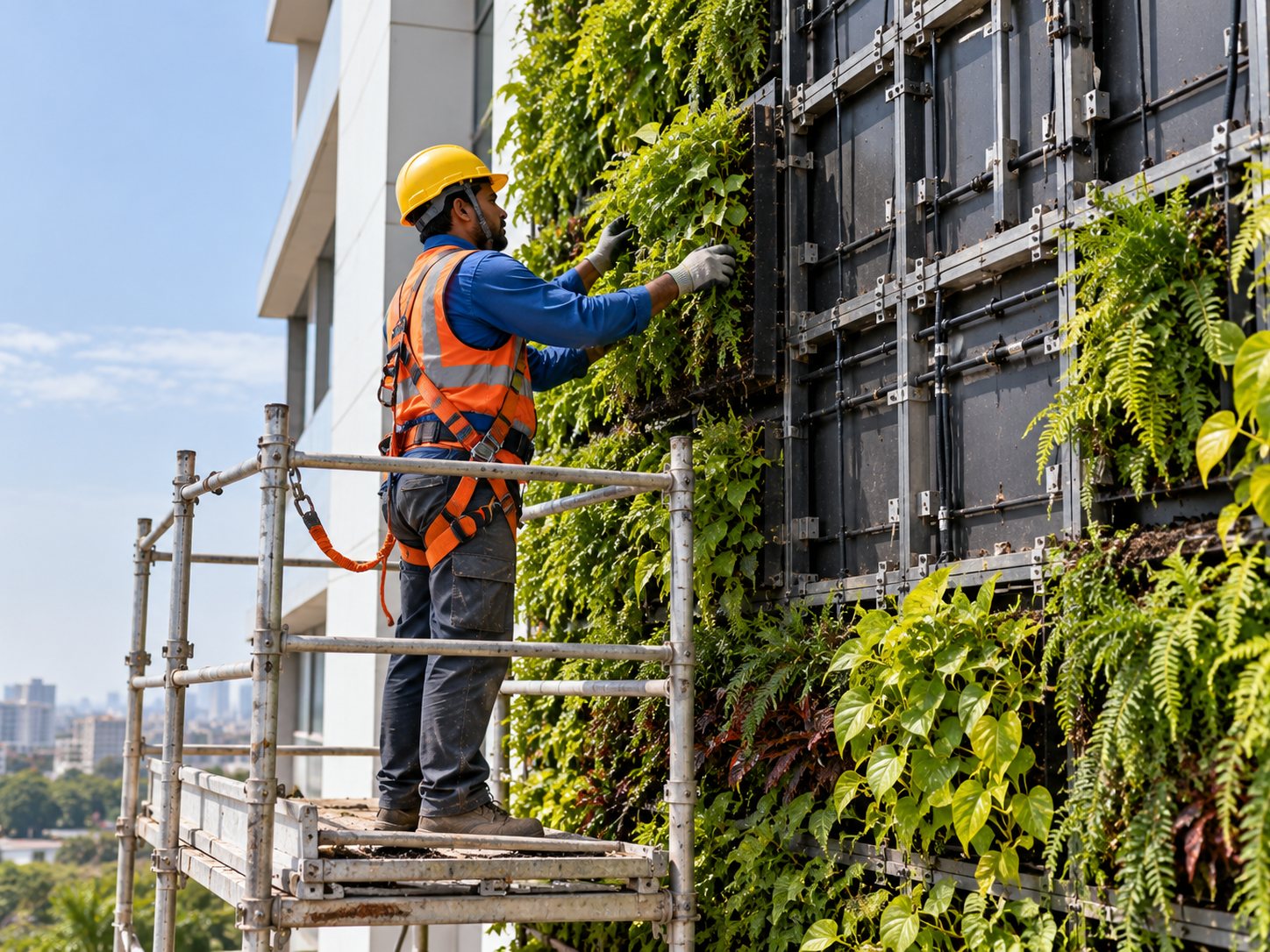 Modular green-wall panels being installed on a building façade.
