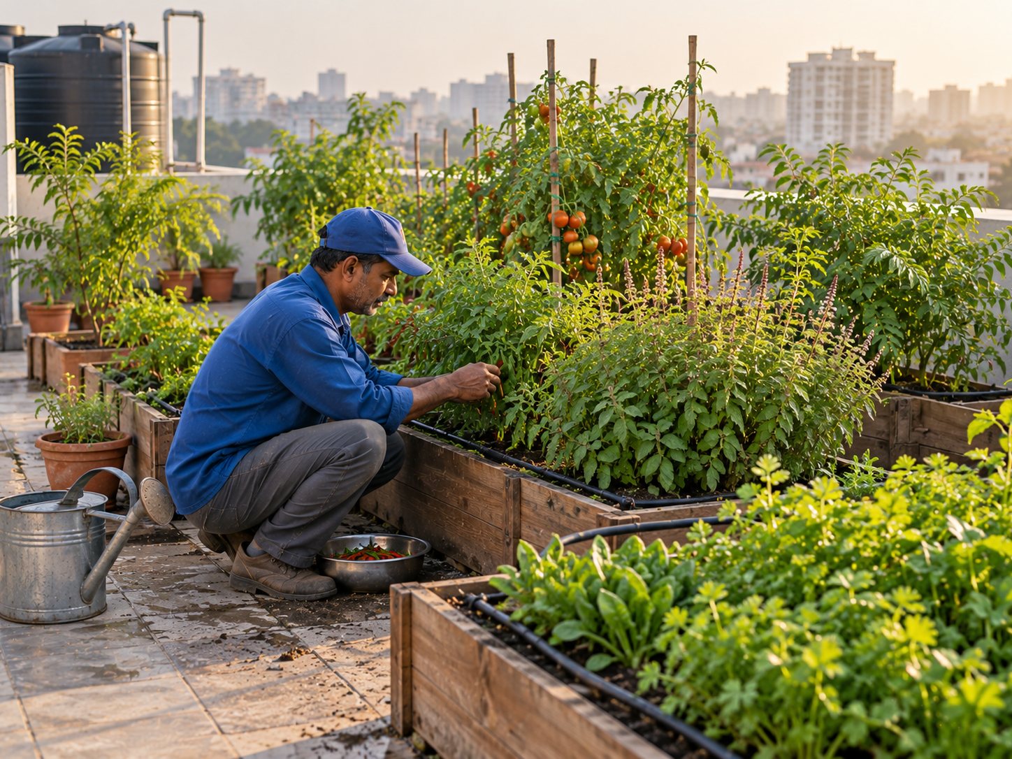 Rooftop herb and kitchen garden in raised planters.