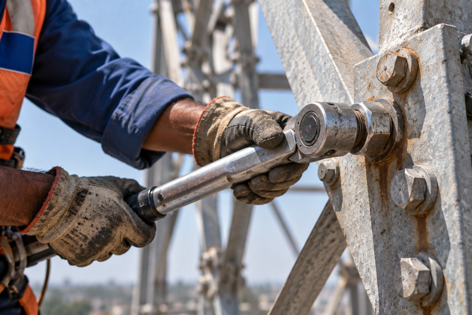 Close-up of a torque wrench being applied to a tower member joint, gloved hands, MGP branded work shirt.