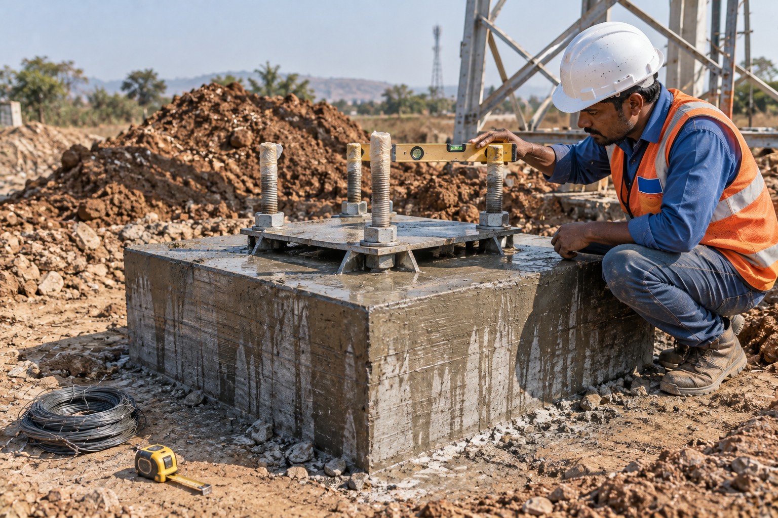 Freshly cast tower foundation with anchor bolts and template, site engineer checking level.