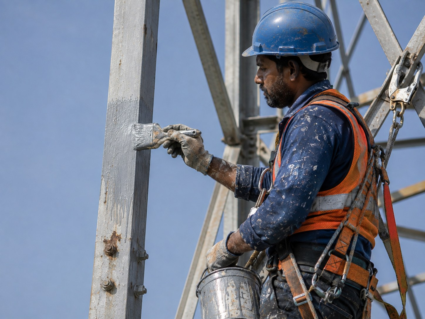 Anti-corrosive painting being applied to a tower leg by a harnessed technician.