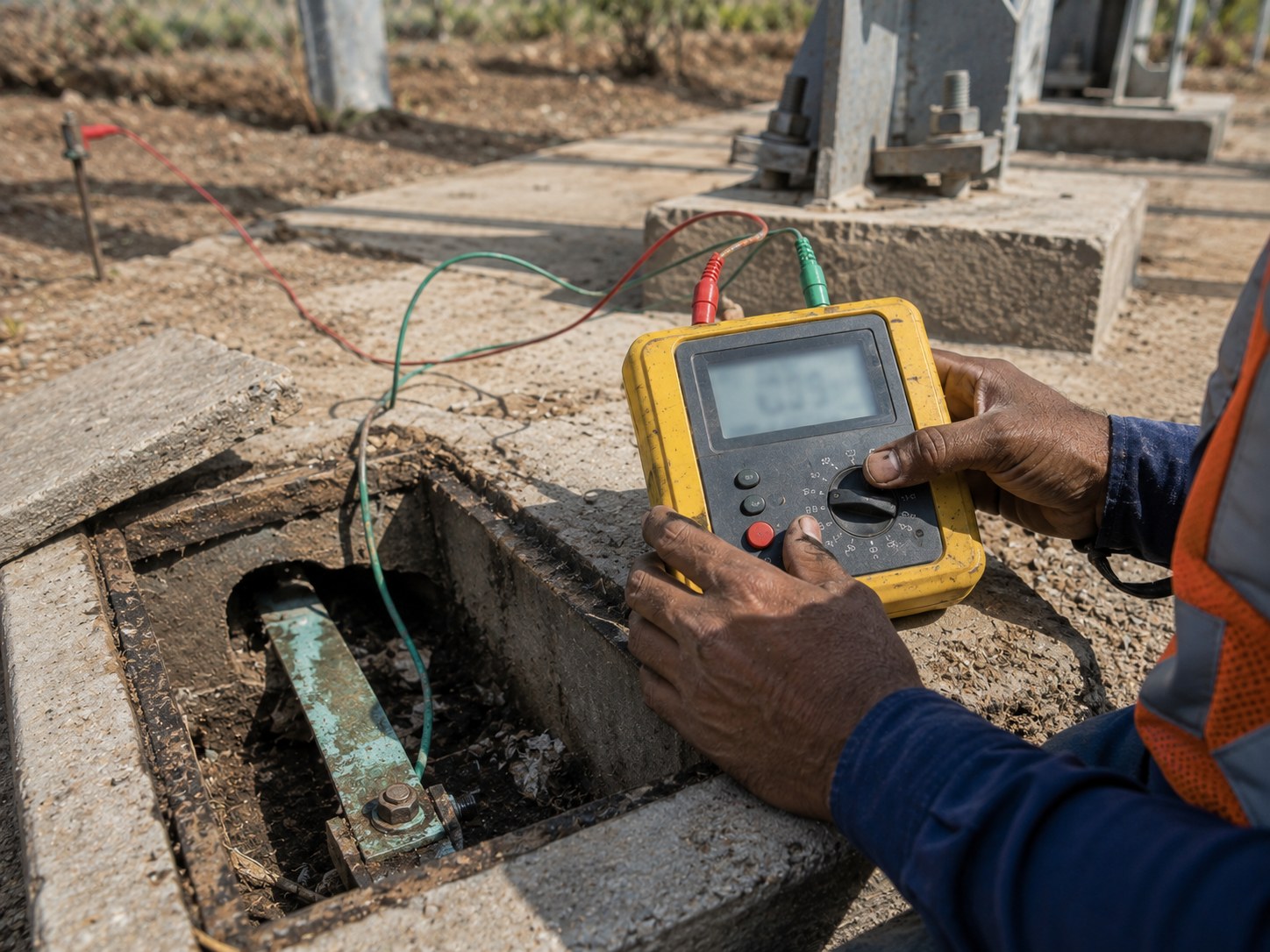 Earth pit being tested with an earth resistance meter, reading visible.