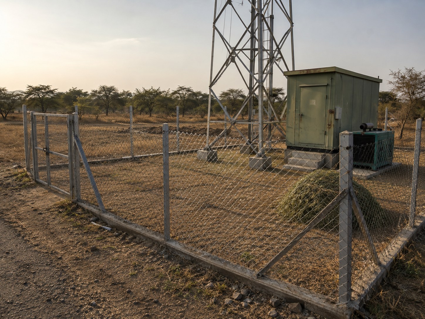 Cleared and cleaned tower compound with cut grass and repaired fencing.