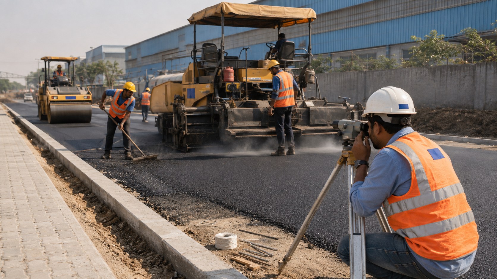 Freshly laid bituminous internal road with kerb and footpath in an industrial estate, paver finisher and roller mid-work, MGP site engineer with level instrument in the foreground.