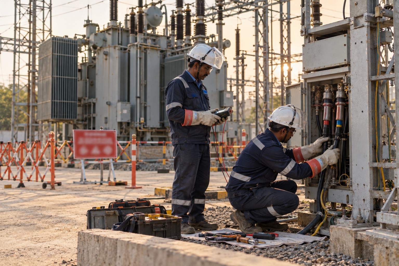 Licensed MGP electrical team in arc-rated PPE terminating cables at an outdoor 33 KV transformer substation, safety barricading and warning boards clearly visible.