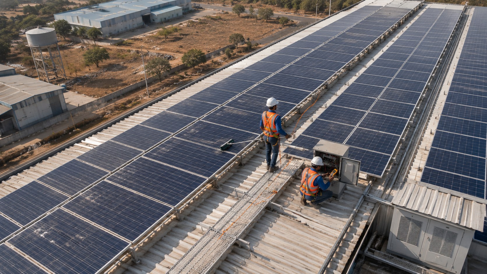 Aerial view of a completed rooftop solar array on an industrial shed, MGP technicians walking the rows during a module cleaning and string inspection round.