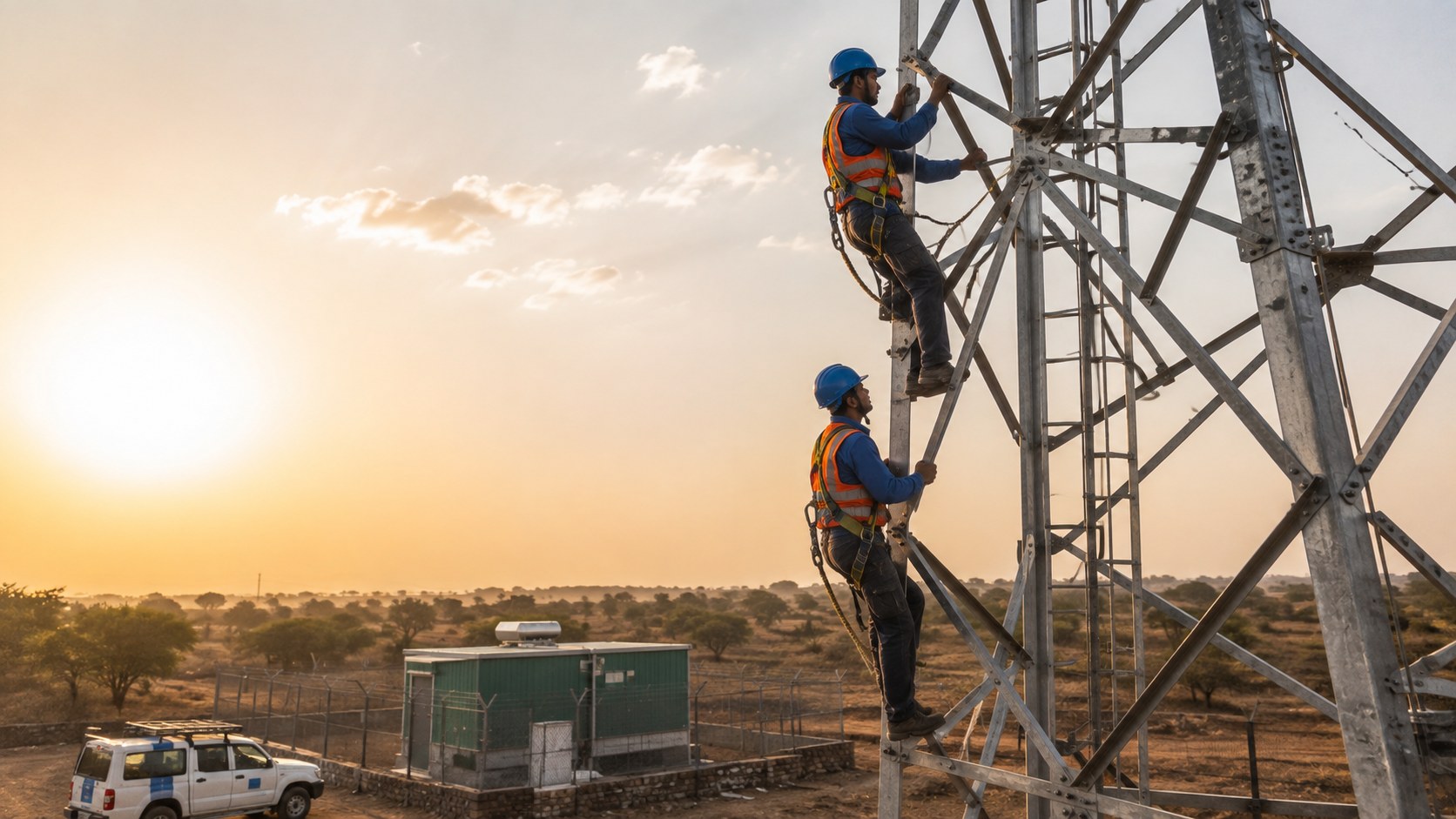 Wide shot of an MGP crew in full body harness and helmets working at height on a GBT telecom tower at golden hour, MGP branded vehicle visible at the tower base.
